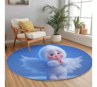 Blue Machine Washable Round Area Rug 100 cm, Cartoon Angel Wings Feathers Printed Circular Rug Non-slip Carpet - Soft Short Pile Carpet Floor Decorate for Living Room Bedroom Playroom