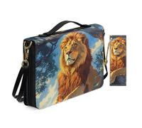 Blue Majestic Forest Lion Bible Cover Case for Women Travel Church Worship Print Pu Leather Shoulder Strap Bible Bags with Bookmark & Handle Pockets Zippered Crossbody Book Covers