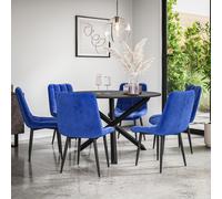 More4Homes Malvern Round Dining Table And Chairs - Black Table Top W Solid Black Oak Legs + Nova Velvet Dining Chair Set Of 6 (Blue)