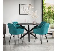 (Blue) Malvern Round Black Dining Table Set w Black Oak Legs w 4 Anika Velvet Chairs