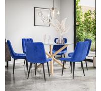 (Blue) Malvern Round Glass Dining Table Set w Oak Legs w 4-6 Nova Velvet Chair