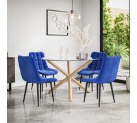 More4Homes Malvern Round Dining Table And Chairs - Clear Glass Table Top W Solid Oak Legs + Nova Velvet Dining Chair Set Of 4 (Blue)