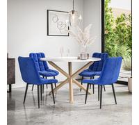 More4Homes Malvern Round Dining Table And Chairs - Marble Table Top W Solid Oak Legs + Nova Velvet Dining Chair Set Of 4 (Blue)