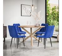 More4Homes Malvern Round Dining Table And Chairs - Oak Table Top W Solid Oak Legs + Nova Velvet Dining Chair Set Of 4 (Blue)