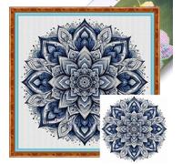 Blue Mandala Cross Stitch Kit for Adults Beginners, 11CT Stamped DIY Embroidery Set, Spiritual Bohemian Needlepoint Craft for Mindful Relaxation & Yoga Room Decor - 40x40cm