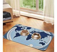 Blue Map of The World Dog Food Mats for Floors, 12x18 Inch Non-Slip Super Absorbent Pet Food Mat, Dishwasher Dog Mat for Food and Water, Cute Rubber Quick Dry Pet Feeding Mat for Dogs Puppy Cats
