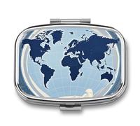 Blue Map of The World Pill Box 2 Compartment Square Pill Box for Pocket Purse Portable Travel Medicine Tablet Vitamin Holder Organizer Mini Decorative Pill Case