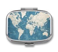Blue Map of The World Pill Box 2 Compartment Waterproof Pill Case with Mirror Square Container Metal Medicine Box Organizer Portable Vitamin Case for Pocket & Purse Travel