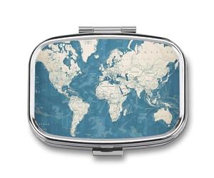 Blue Map of The World Pill Box 2 Compartment Waterproof Pill Case with Mirror Square Container Metal Medicine Box Organizer Portable Vitamin Case for Pocket & Purse Travel