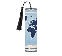 Blue Map of The World Wooden Bookmarks 5pcs with Black Tassels Handmade Double-Sided Printed Book Marks Page Markers Book Accessories Gift for Book Lovers Women Men