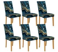 Blue Marble Dining Chair Covers, Stretch & Washable Spandex Seat Protectors, Elegant Decorative Slipcovers for Kitchen Dining Room 6PCS