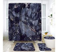 Blue Marble Shower Curtain with Bath Rugs Sets, 4 Pcs Marble Patterns Bathroom Décor with Toilet Seat Cover, Non-Slip Mats, Absorbent Pedestal Pads and Waterproof Shower Curtains + Hooks (Blue)