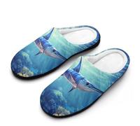 Blue Marlin Fishes Mens Slippers Memory Foam Winter Warm Sandals Slip On House Shoes Size 7-14