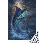 Blue Marlin Jumping Out of Dark Water - Lightning And Waves Rätsel Für Erwachsene || Familienspaß-Puzzles 70x50cm/1000pcs Erwachsene