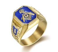 Blue Masonic Freemason Ring, Blue Lodge Masonic Ring for Men, Gold Masonic Master Ring Punk Freemason Symbol Jewelry, Gold Freemasonry Biker Ring Hip Hop Mason Ring Religious Amulet Ring for mens, 8