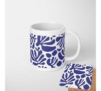 Blue Matisse Leaves 11oz Ceramic Mug - Choose Classic or Heat-Sensitive - Optional Matching Coaster - Modern Abstract Botanical Art Cup - Dishwasher Safe - Stylish Gift for Home, Office or Studio