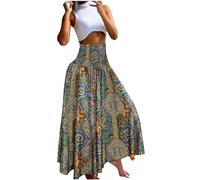Blue Maxi Skirts for Women UK Summer Boho Skirts Pleated Long Gypsy A Line Swing Elasticated Waist Summer Dresses for Beach Holiday Streetwear