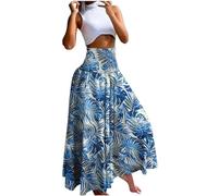 Blue Maxi Skirts for Women UK Summer Boho Skirts Pleated Long Gypsy A Line Swing Elasticated Waist Summer Dresses for Beach Holiday Streetwear