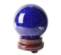 Blue Melting Quartz Decoration Ball, Blue Crystal Ball with Wood Stand,Polished Stone Ball, Home Office Decor Crystal Gift,5.1"(13cm)
