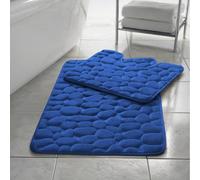 (Blue) Memory Foam Bath Mat Non- Slip / Toilet Mat Set Pebbles