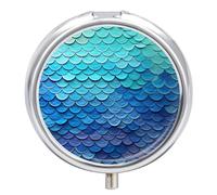 Blue Mermaid Fish Scale Pill Box Case 3 Compartment Travel Medicine Pill Organizer 3X A Day Portable Vitamin Organizer with Mirror Small Pillbox for Purse & Pocket Cute Daily Medicine Container Metal