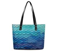 Blue Mermaid Fish Scale Tote Bag Large Soft Leather Purse with Zipper Lightweight Ladies Shoulder Handbag