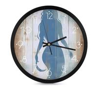Blue Mermaid On Wood Wall Clock 10 Inch Non Ticking Silent Quartz Round Clocks Easy to Read for Home Office