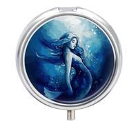 Blue Mermaid Pill Box 3 Compartment Travel Pill Organizer 3 Times A Day Cute Mini Pill Case for Purse & Pocket Portable Metal Medicine Box with Mirror Round Daily Medicine Vitamin Container