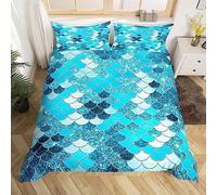 Blue Mermaid Scales Bedding Set Mermaid Glitter Scales Duvet Cover Ocean Life Sea Animal Comforter Cover Pastel Room Decor Mermaid Bedspread Cover Breathable Bedding Collection 3Pcs Double