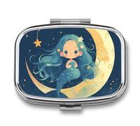 Blue Mermaid Star Moon Pill Case Box with 2 Compartment Medicine Vitamin Organizer for Purse Pocket 5.5x4cm