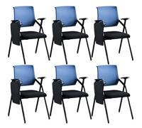 Blue Mesh Conference Chair Set - 6 Foldable Mid-Back Chairs with Writing Pads Fixed Arms No Wheels - Ideal for Training & Meeting Rooms 19" L x 22.5" W x 34" H