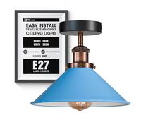 Blue Metal Cone Ceiling Light 22cm Vintage Semi Flush Mount White Inner