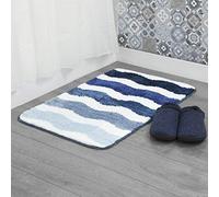 Blue Microfibre Soft Tufted Waves Design Bath Mat Rug Non-Slip Back 40x60cm