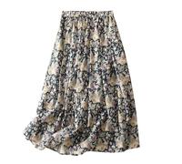 Blue Midi Skirts for Women UK Boho Skirts Summer Gypsy Elasticated Waist Pleated Flared A Line Casual Swing Casual Long Skater