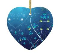 Blue Mini Flower Swirl Christmas Ceramic Heart Ornament,Double-Sided Printed White Porcelain Hanging Decoration With Gold String For Xmas Tree,Home,Shop,Holiday Decor