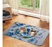 Blue Mini Flower Swirl Dog Food Mats for Floors, 16x24 Inch Non-Slip Super Absorbent Pet Food Mat, Dishwasher Dog Mat for Food and Water, Cute Rubber Quick Dry Pet Feeding Mat for Dogs Puppy Cats