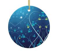 Blue Mini Flower Swirl Double-Sided Printed Christmas Ceramic Round Ornament With Gold Hanging Cord-Festive Holiday Decoration For Home,Store