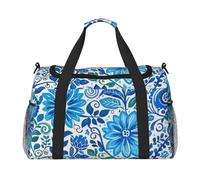 Blue Mini Flower Swirl Print Travel Duffel Bag for Men & Women, Foldable Travel Bags and Spacious Weekender Tote Bag for Storage Toiletry Luggage Personal Item, Black, L