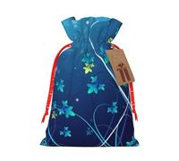 Blue Mini Flower Swirl Printed Christmas Drawstring Bags with Red Christmas Ribbon - Reusable Burlap Drawstring Gift Pouches, S