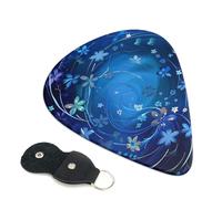 Blue Mini Flower Swirl Printed Guitar Picks, 6 Pack with Leather Keychain Pick Holder - 0.46mm, 0.71mm, 0.96mm Assorted Thickness for Acoustic Ukulele, Electric Guitar, Acoustic Guitar, Bass