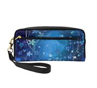 Blue Mini Flower Swirl Printed Leather Makeup Bags with Wrist Strap Portable Travel Toiletry Bag Cosmetic Organizer Bag for Women