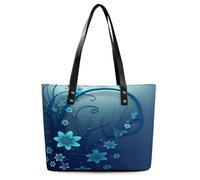 Blue Mini Flower Swirl Tote Bag Large Soft Leather Purse with Zipper Lightweight Ladies Shoulder Handbag