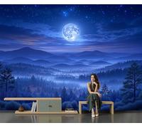 Blue Mist Mountain Layers Full Moon Forest Silent Night Landscape Photography Art Hd Print Art Wall Painting Poster Large Silk Mural 3D Wallpaper Living Room The Wall For Bedroom Mural,300X210Cm