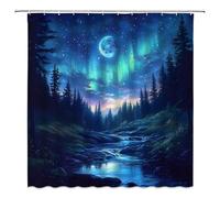 Blue Misty Mountain Shower Curtain Forest Moon Night Outdoor Rustic Men Pine Tree Fantasy Starry Star Stream Nature Bathroom Curtain Set Polyester Fabric Hooks 70 X 70 Inch