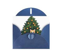 Blue MJHKXLJ Kitten under the fir tree Prints Pearlized Greeting Card - Envelope Included - Perfect for Christmas, Birthdays, Valentines, Weddings, and More