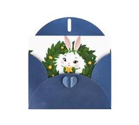 Blue MJHKXLJ Rabbit holding a wreath Prints Pearlized Greeting Card - Envelope Included - Perfect for Christmas, Birthdays, Valentines, Weddings, and More