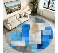 Blue Modern Check Round Rug 150 cm, Colour Block Washable Area Carpet | Geometric Plaid Circle Floor Mat, Non Slip Rubber Base, Easy Clean Low Pile Accent Rug for Home Office & Bedside