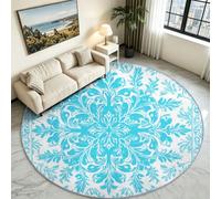Blue Modern Geometric Lines Round Rug 90 cm, Washable Living Carpet | Linear Texture Circle Floor Mat, Non-Skid Rubber Backing, Soft Low Pile Contemporary Rug for Dining Table & Lounge