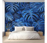 Blue Monstera Photo Wallpaper, Tropical Botanical Leaf Wallpaper Mural, 250x175cm Wall Paper for Bedroom Living Room, Non-Woven Wall Mural Room Decor EL&D67