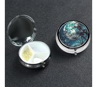 Blue Moon Pill Box with Mirror 3 Compartment Decorative Pill Case for Purse or Pocket Small Round Pill Organizer Weekly Metal Medicine Tablet Vitamin Holder Travel Gift